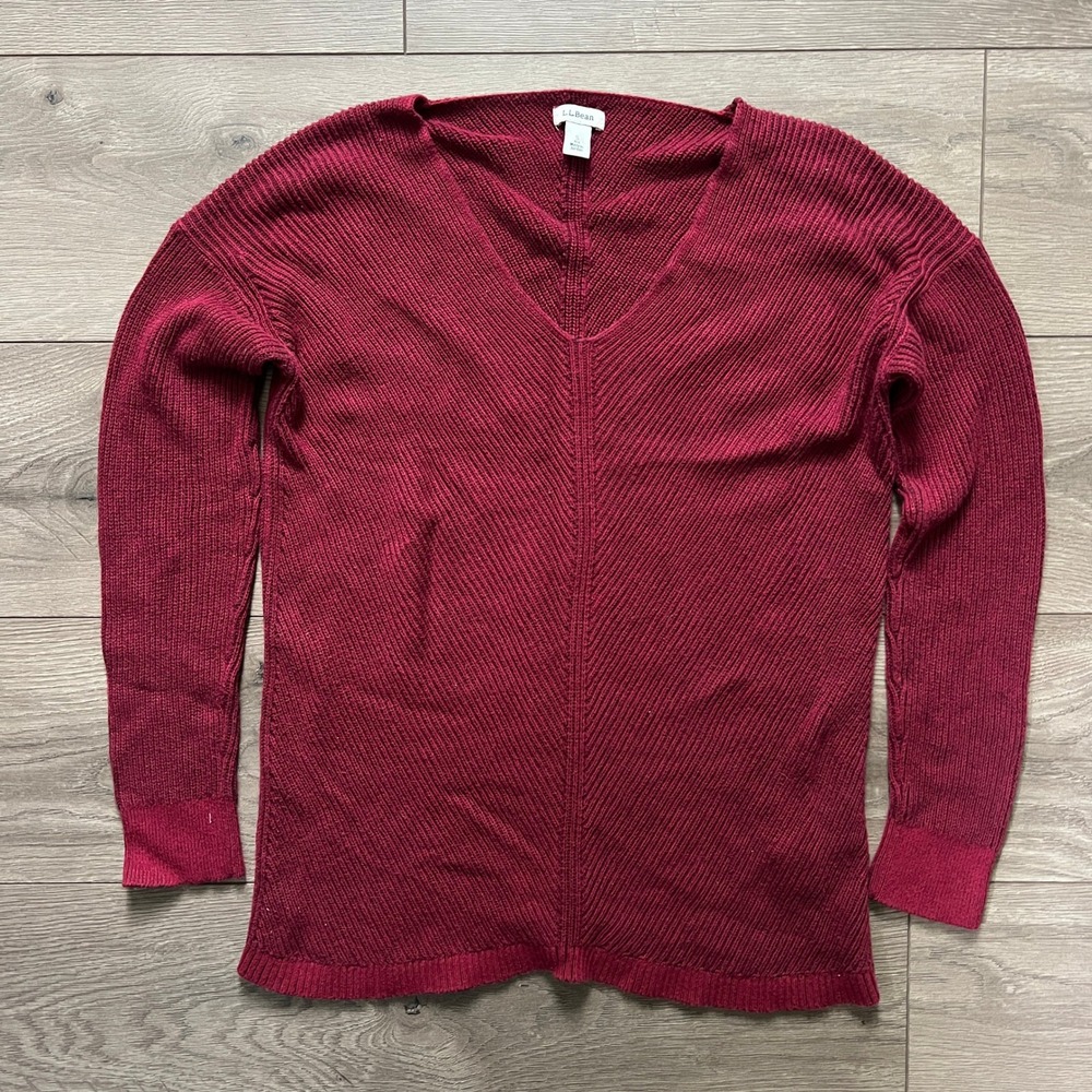 LL Bean Womens Small Regular Shaker Stitch V Neck Red Sweater 100% cotton